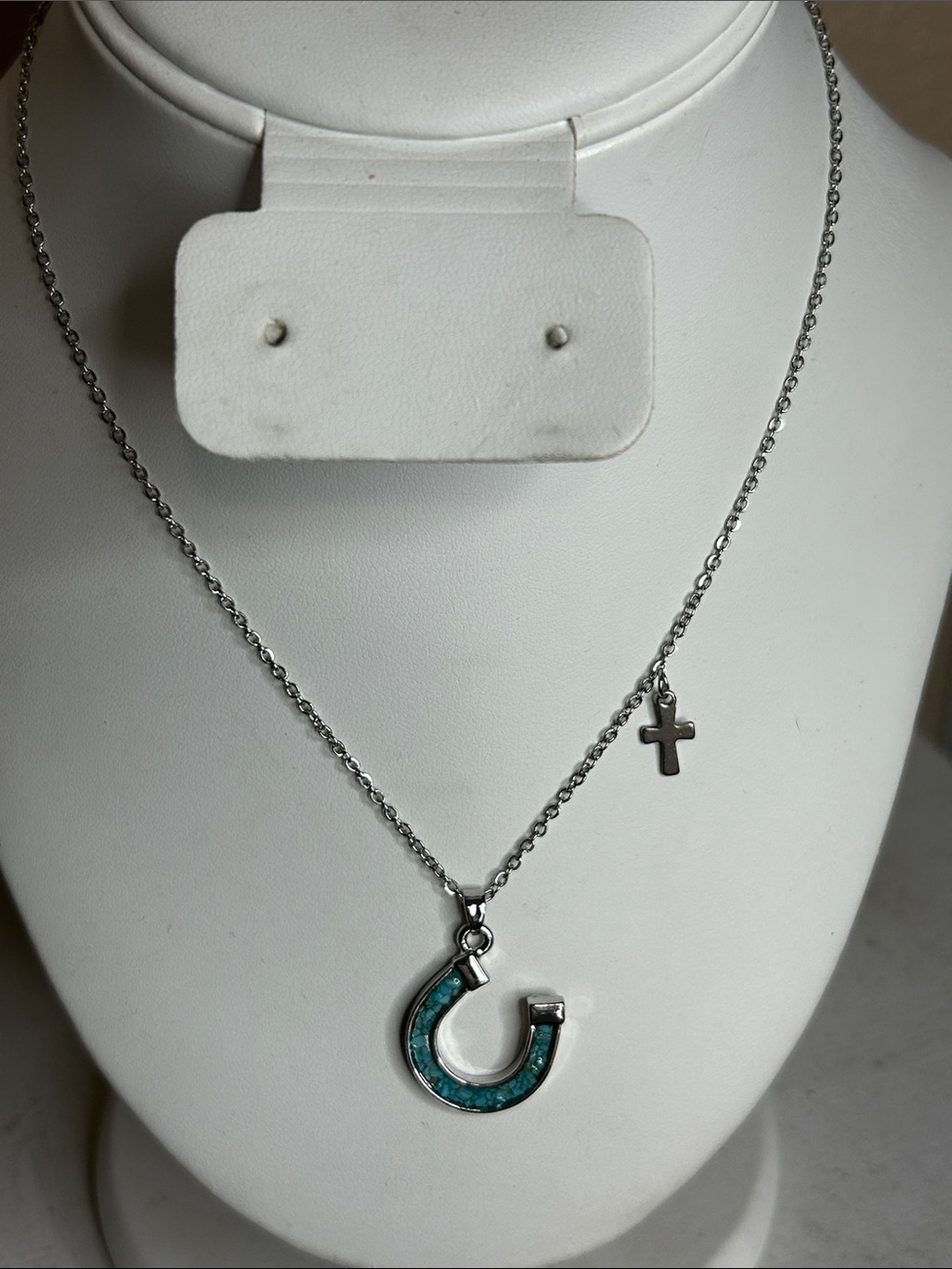 Western Turquoise Inlay Horseshoe Pendant & Cross Necklace